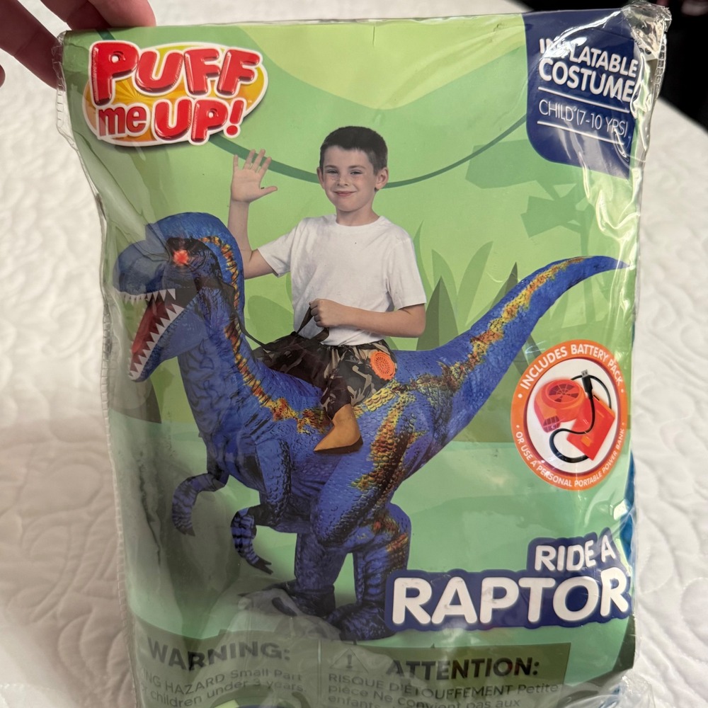 Puff Me Up Ride A Raptor Inflatable Costume Child 7-10 Blue Good Light Up